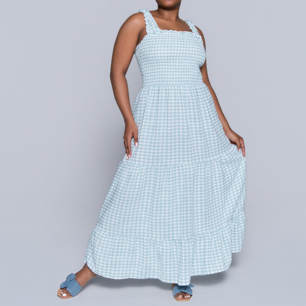 Sage Sleeveless Check Print Tiered Dress