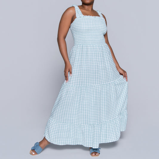 Sage Sleeveless Check Print Tiered Dress