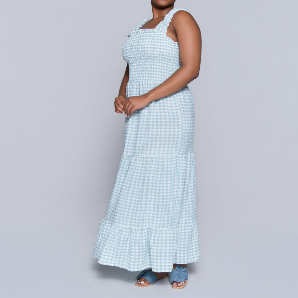 Sage Sleeveless Check Print Tiered Dress