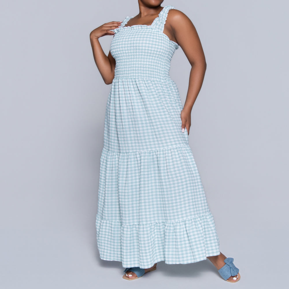 Sage Sleeveless Check Print Tiered Dress