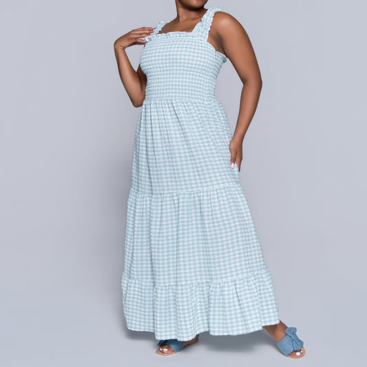 Sage Sleeveless Check Print Tiered Dress