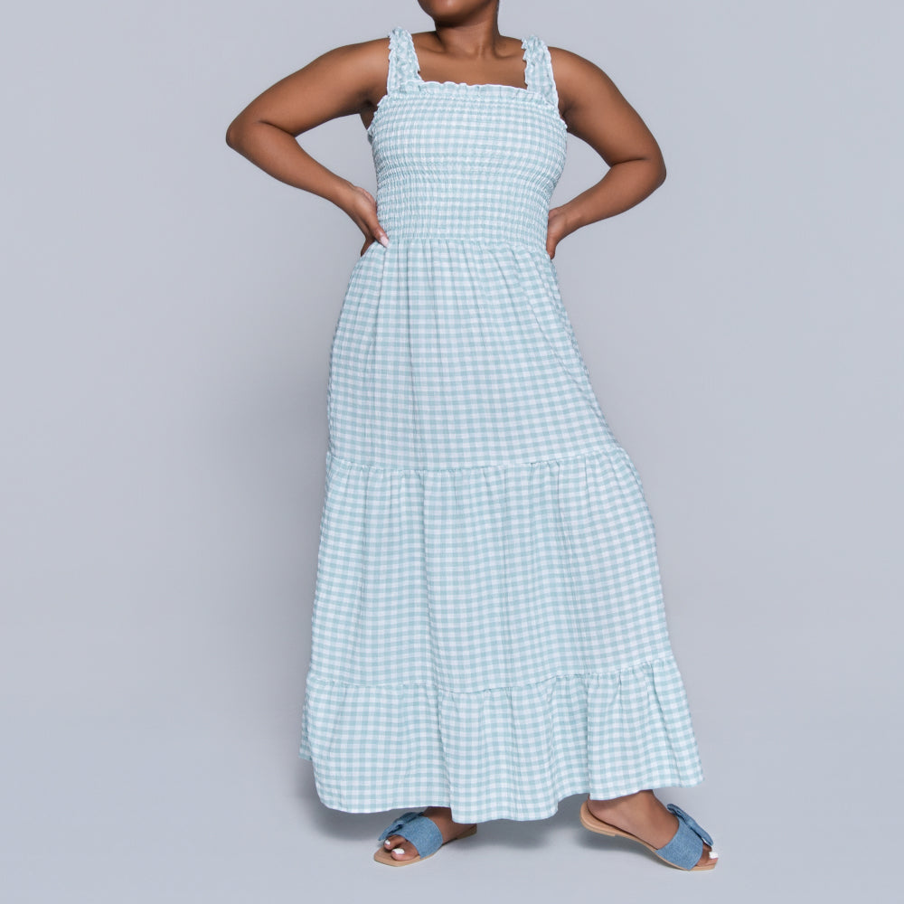 Sage Sleeveless Check Print Tiered Dress