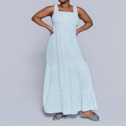 Sage Sleeveless Check Print Tiered Dress