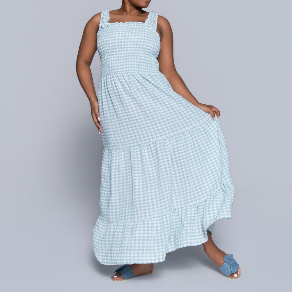 Sage Sleeveless Check Print Tiered Dress