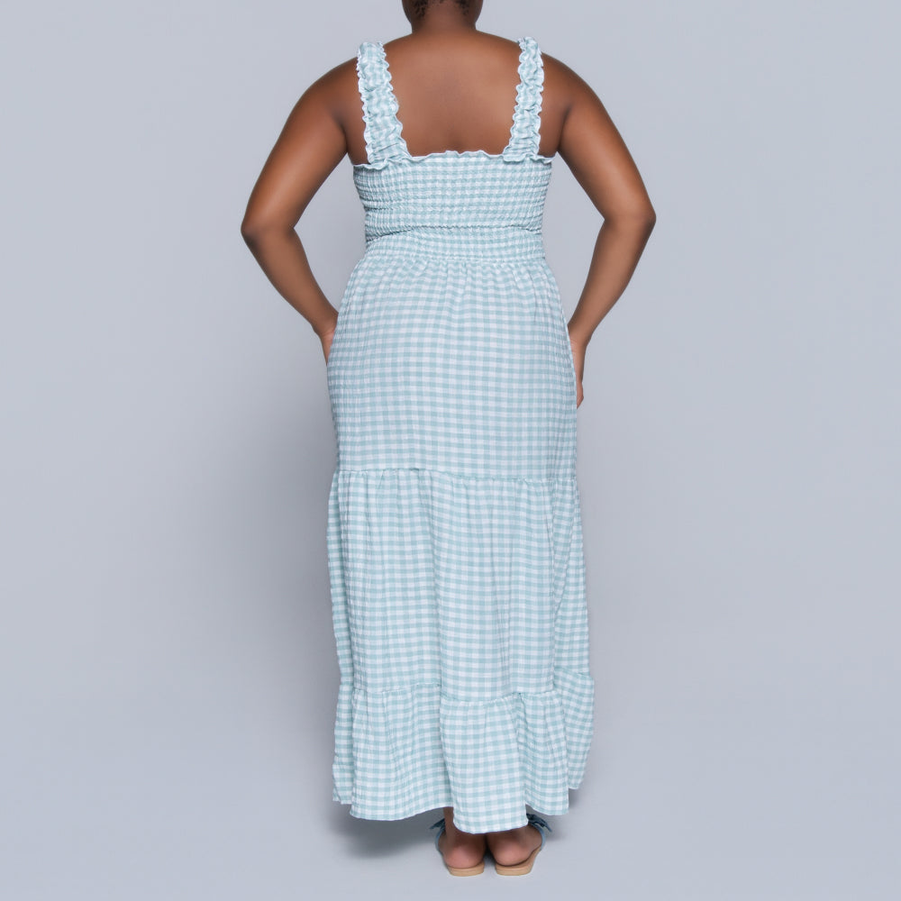 Sage Sleeveless Check Print Tiered Dress