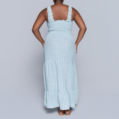 Sage Sleeveless Check Print Tiered Dress