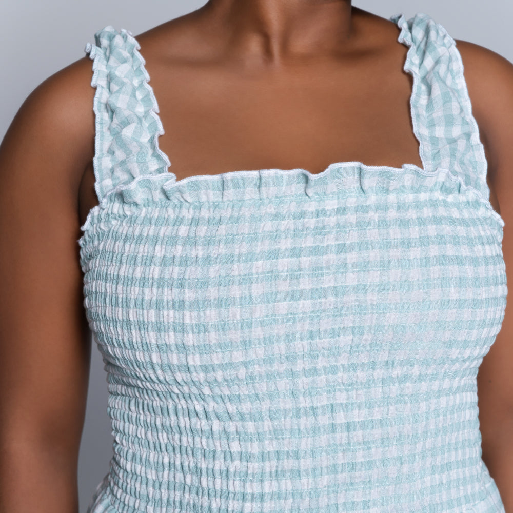 Sage Sleeveless Check Print Tiered Dress