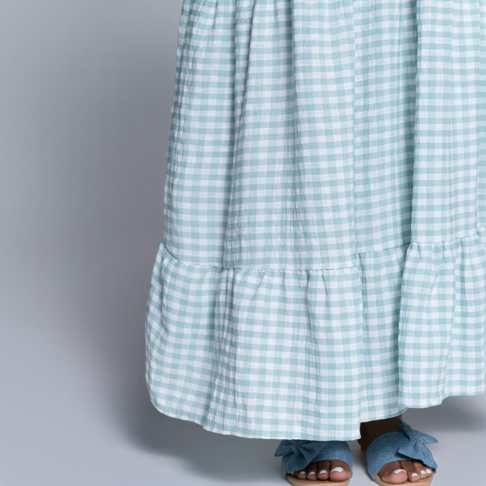 Sage Sleeveless Check Print Tiered Dress