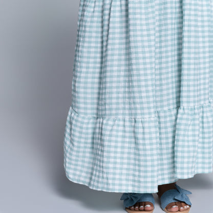Sage Sleeveless Check Print Tiered Dress