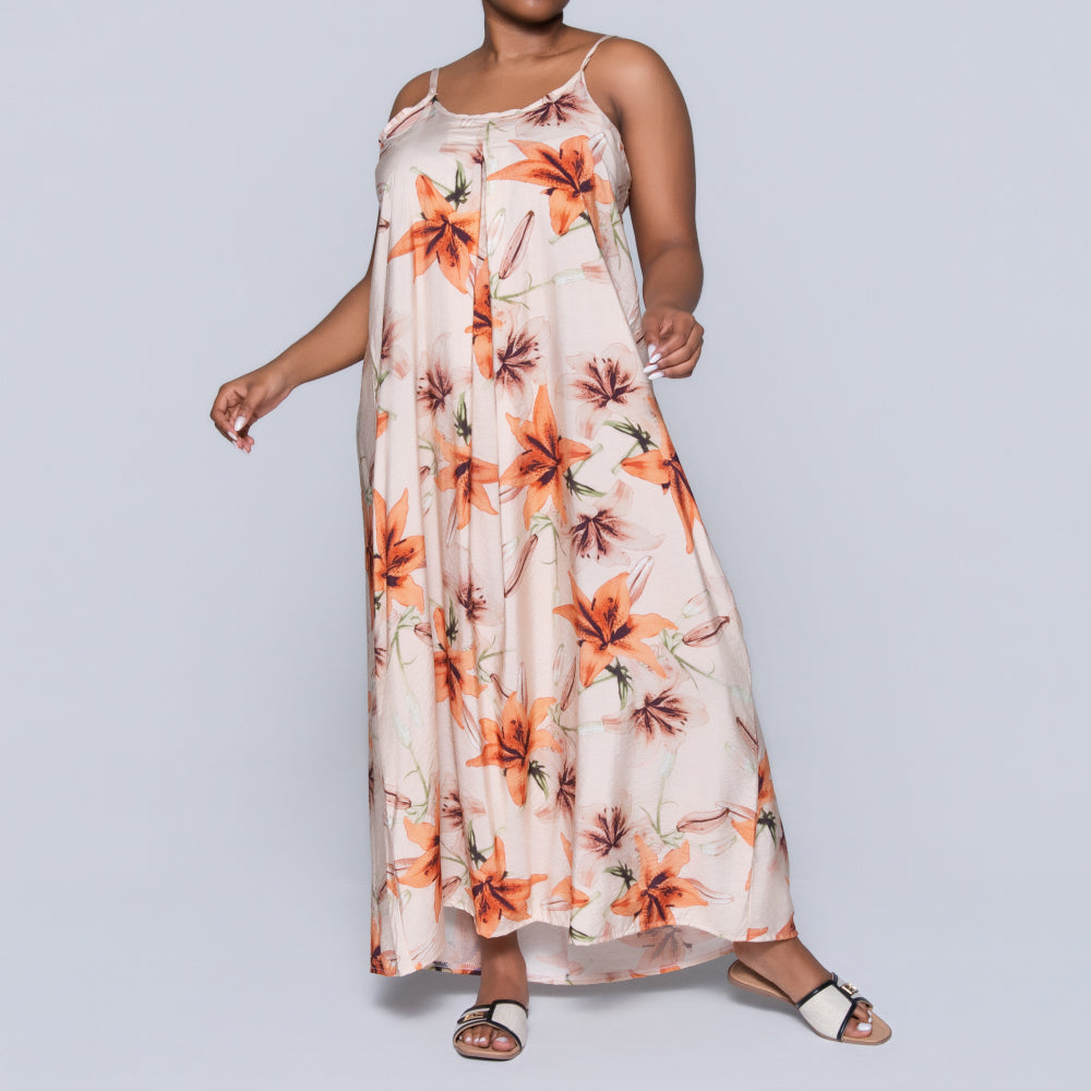 Peach Sleeveless Printed Airflow Dress