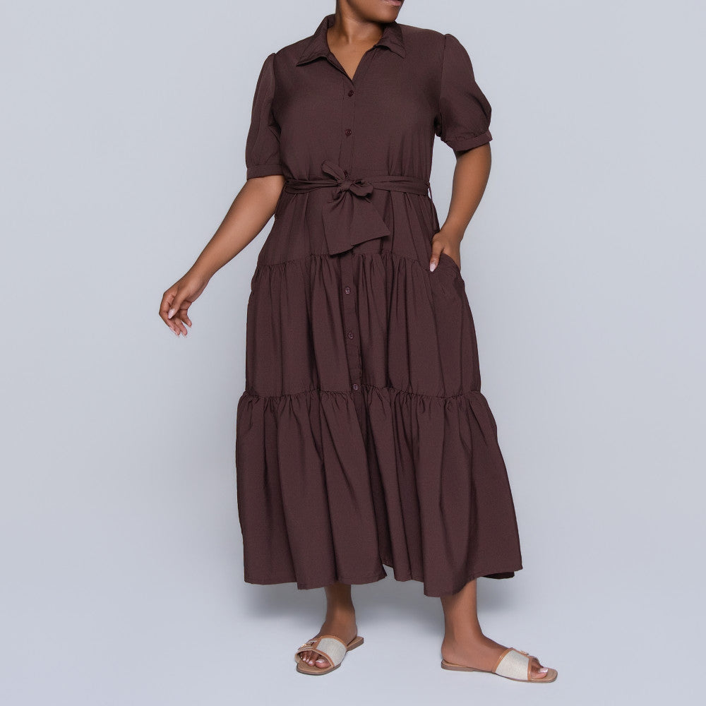 Chocolate Tiered Tie-Belt Short Sleeve Dress