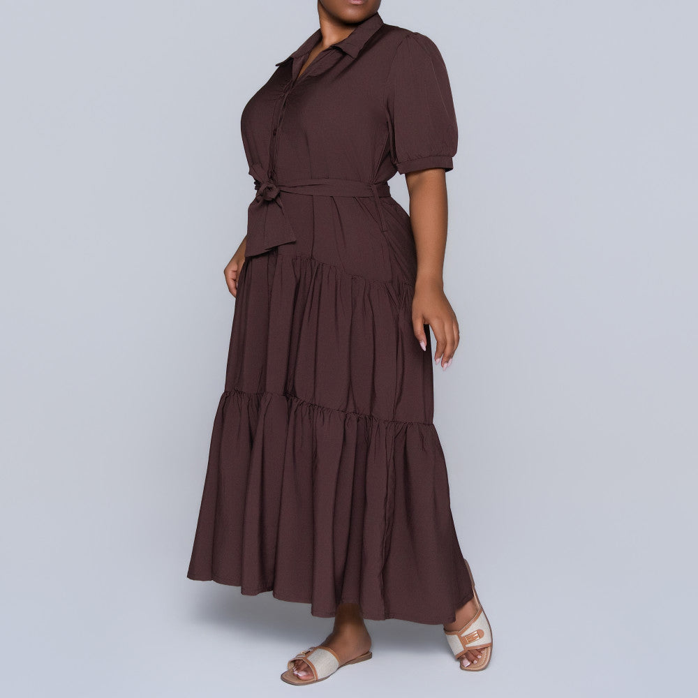 Chocolate Tiered Tie-Belt Short Sleeve Dress