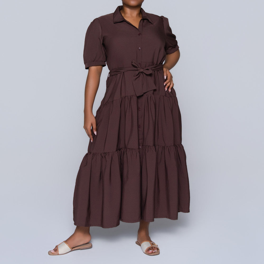 Chocolate Tiered Tie-Belt Short Sleeve Dress