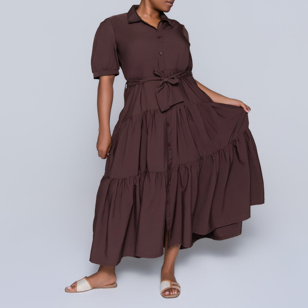 Chocolate Tiered Tie-Belt Short Sleeve Dress