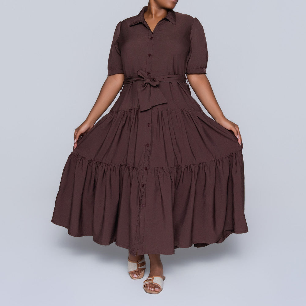 Chocolate Tiered Tie-Belt Short Sleeve Dress