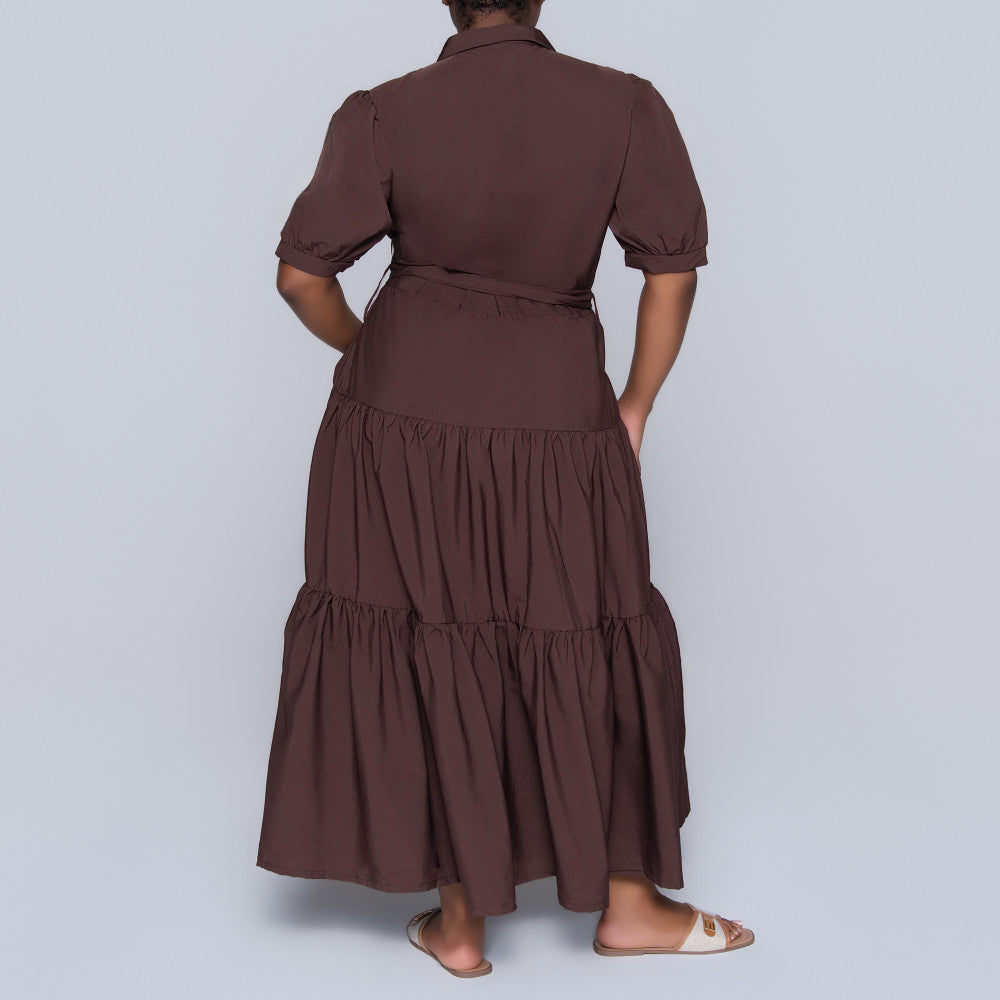Chocolate Tiered Tie-Belt Short Sleeve Dress
