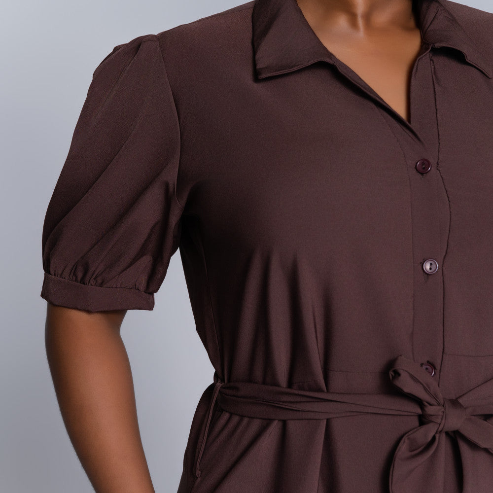Chocolate Tiered Tie-Belt Short Sleeve Dress
