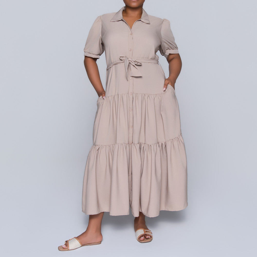 Stone Tiered Tie-Belt Short Sleeve Dress