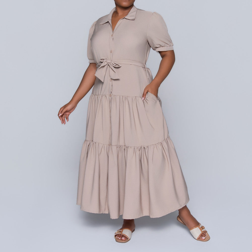 Stone Tiered Tie-Belt Short Sleeve Dress
