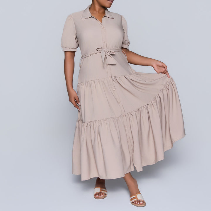 Stone Tiered Tie-Belt Short Sleeve Dress