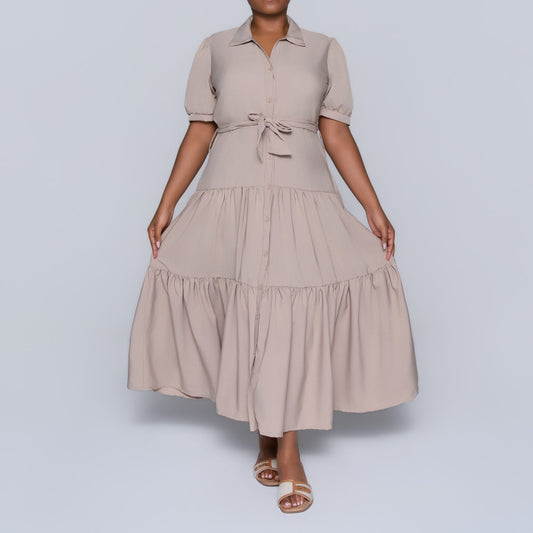 Stone Tiered Tie-Belt Short Sleeve Dress