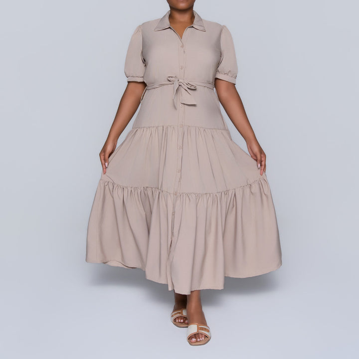 Stone Tiered Tie-Belt Short Sleeve Dress