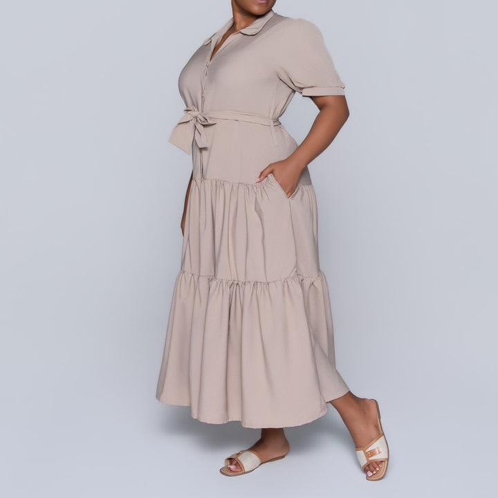 Stone Tiered Tie-Belt Short Sleeve Dress