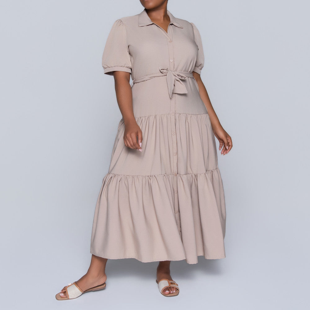 Stone Tiered Tie-Belt Short Sleeve Dress