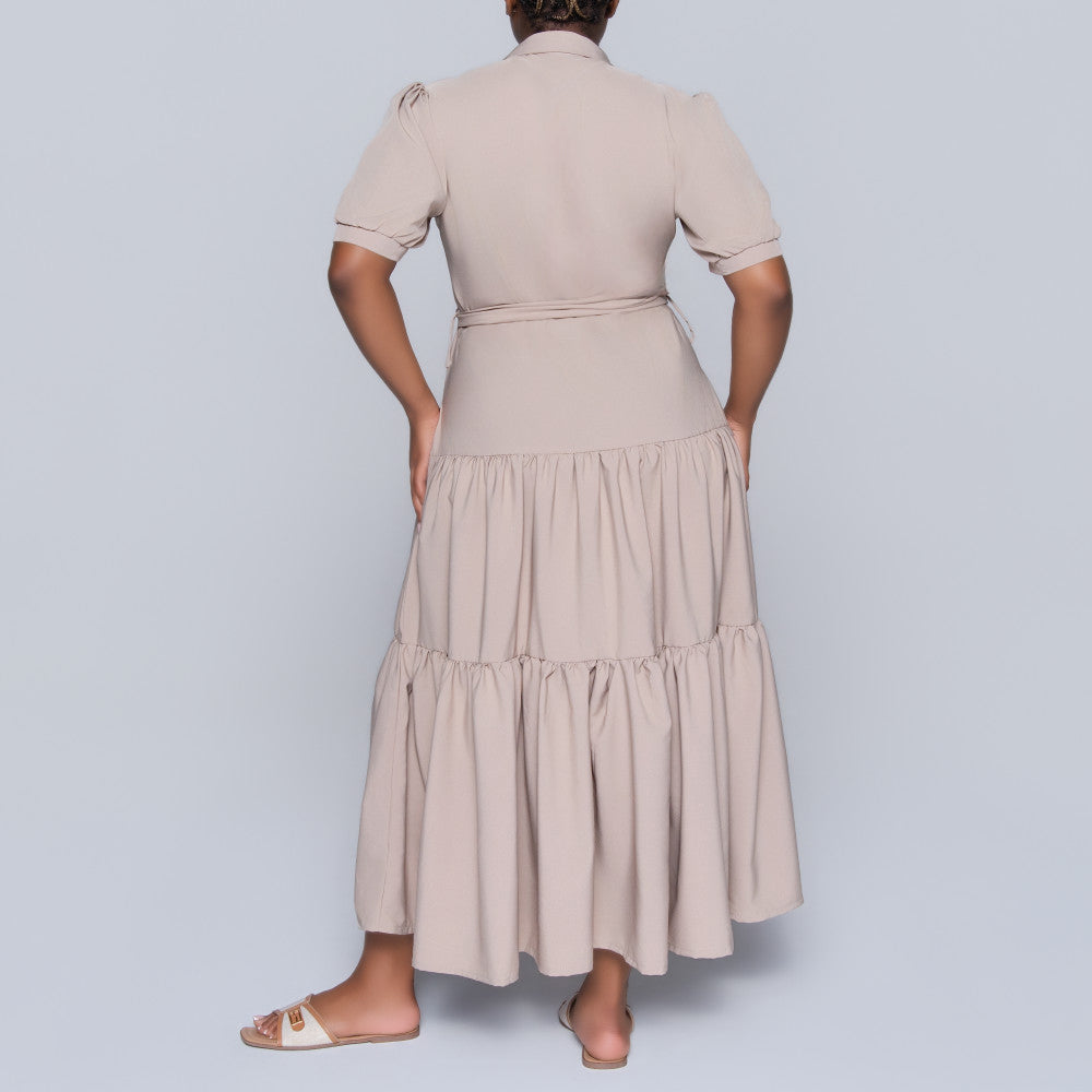 Stone Tiered Tie-Belt Short Sleeve Dress
