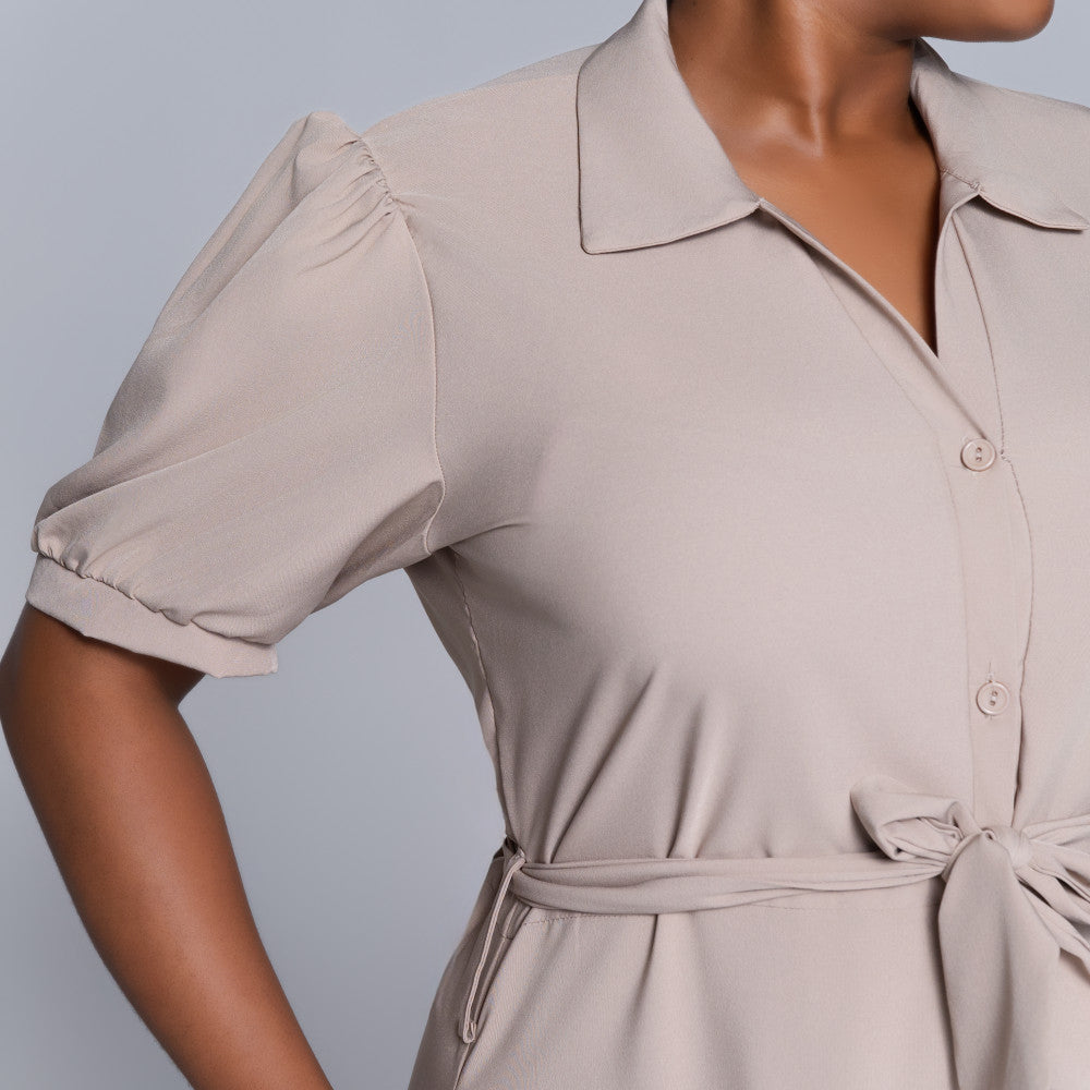 Stone Tiered Tie-Belt Short Sleeve Dress