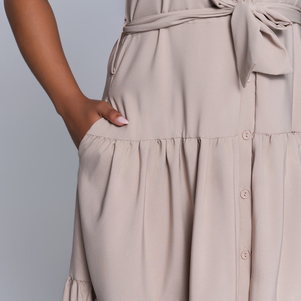 Stone Tiered Tie-Belt Short Sleeve Dress