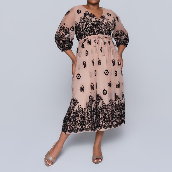 Mesh Flocking  Printed Dress