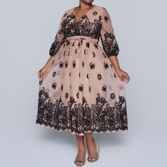 Mesh Flocking  Printed Dress