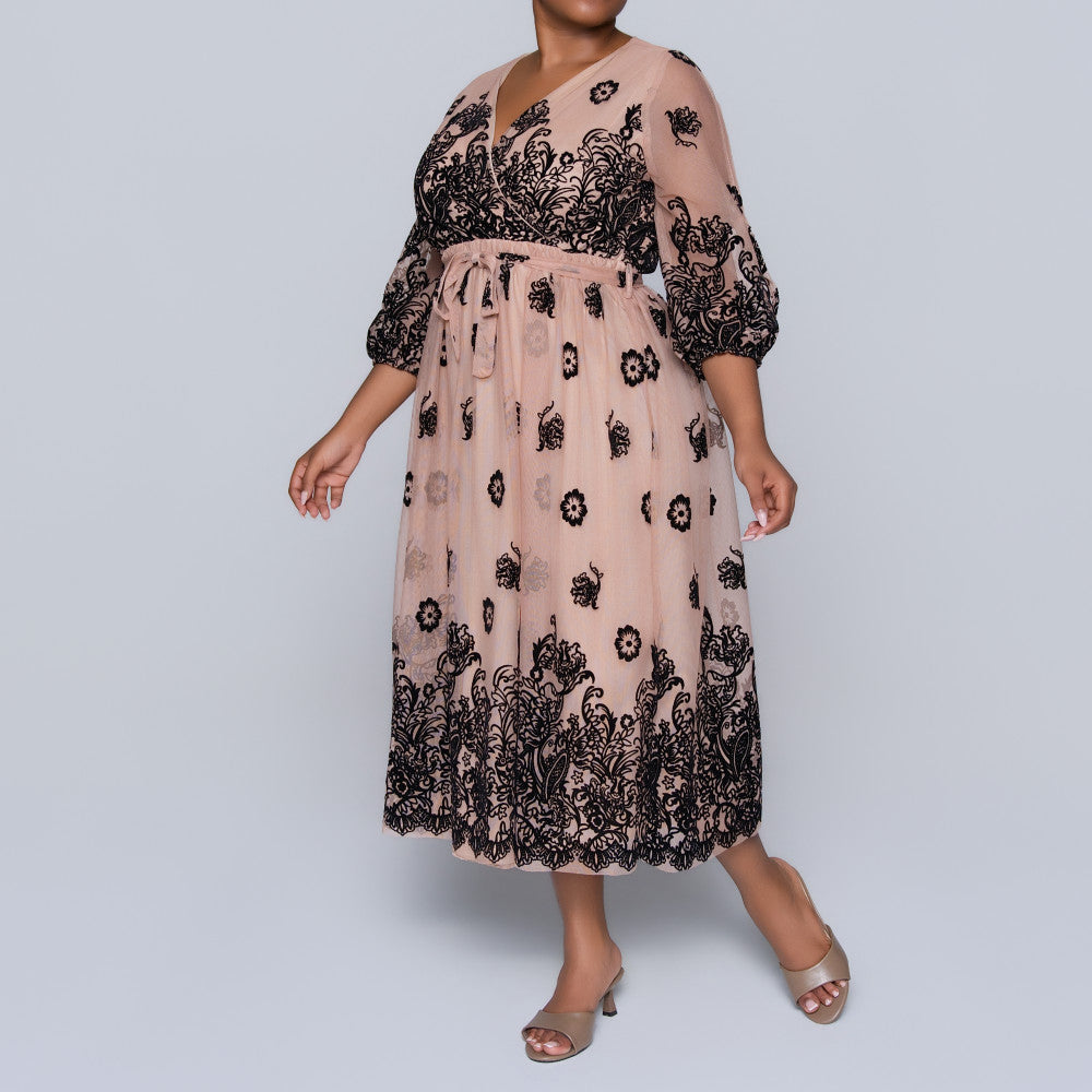 Mesh Flocking  Printed Dress
