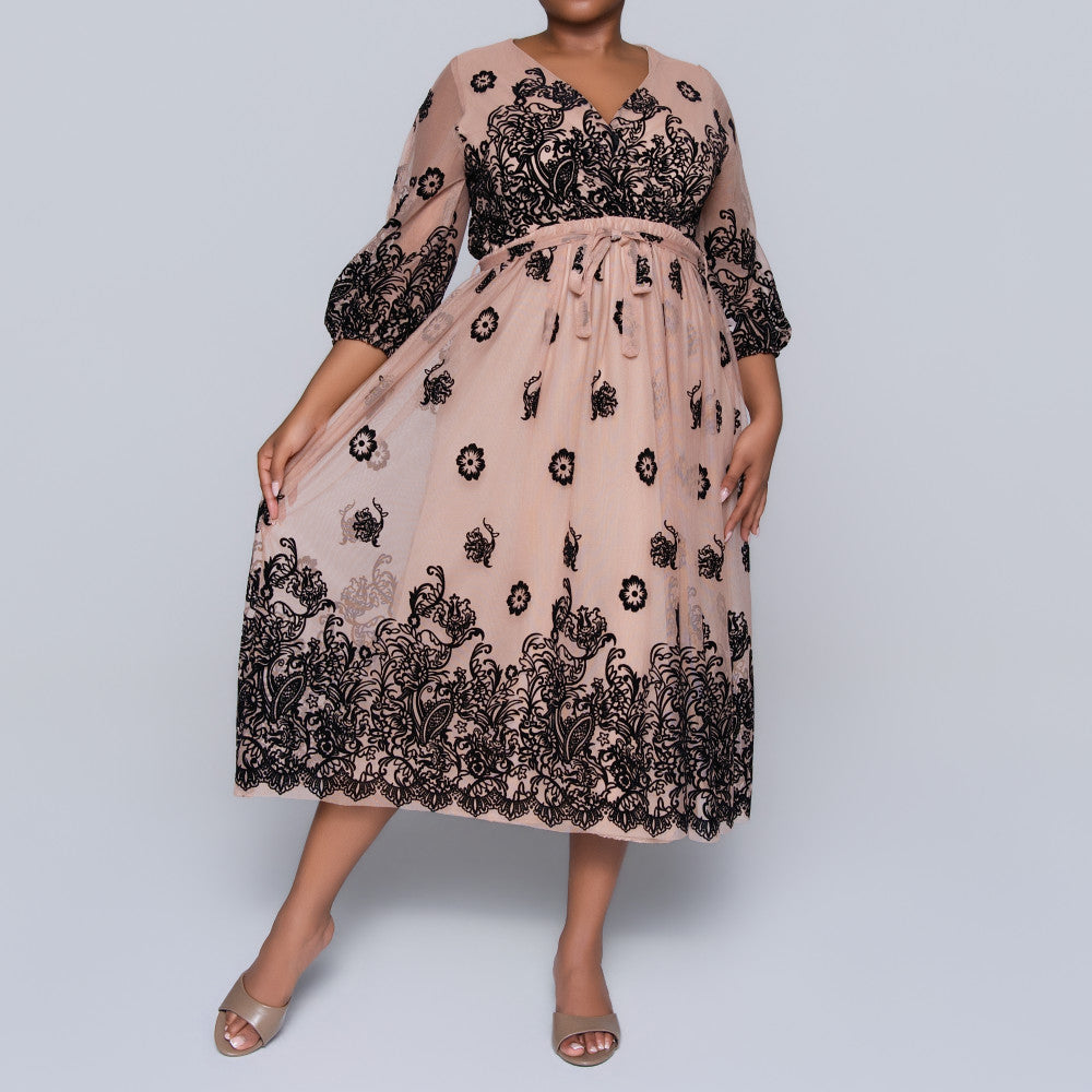 Mesh Flocking  Printed Dress