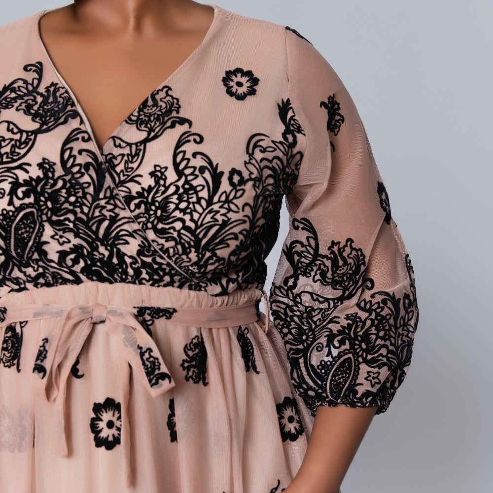 Mesh Flocking  Printed Dress