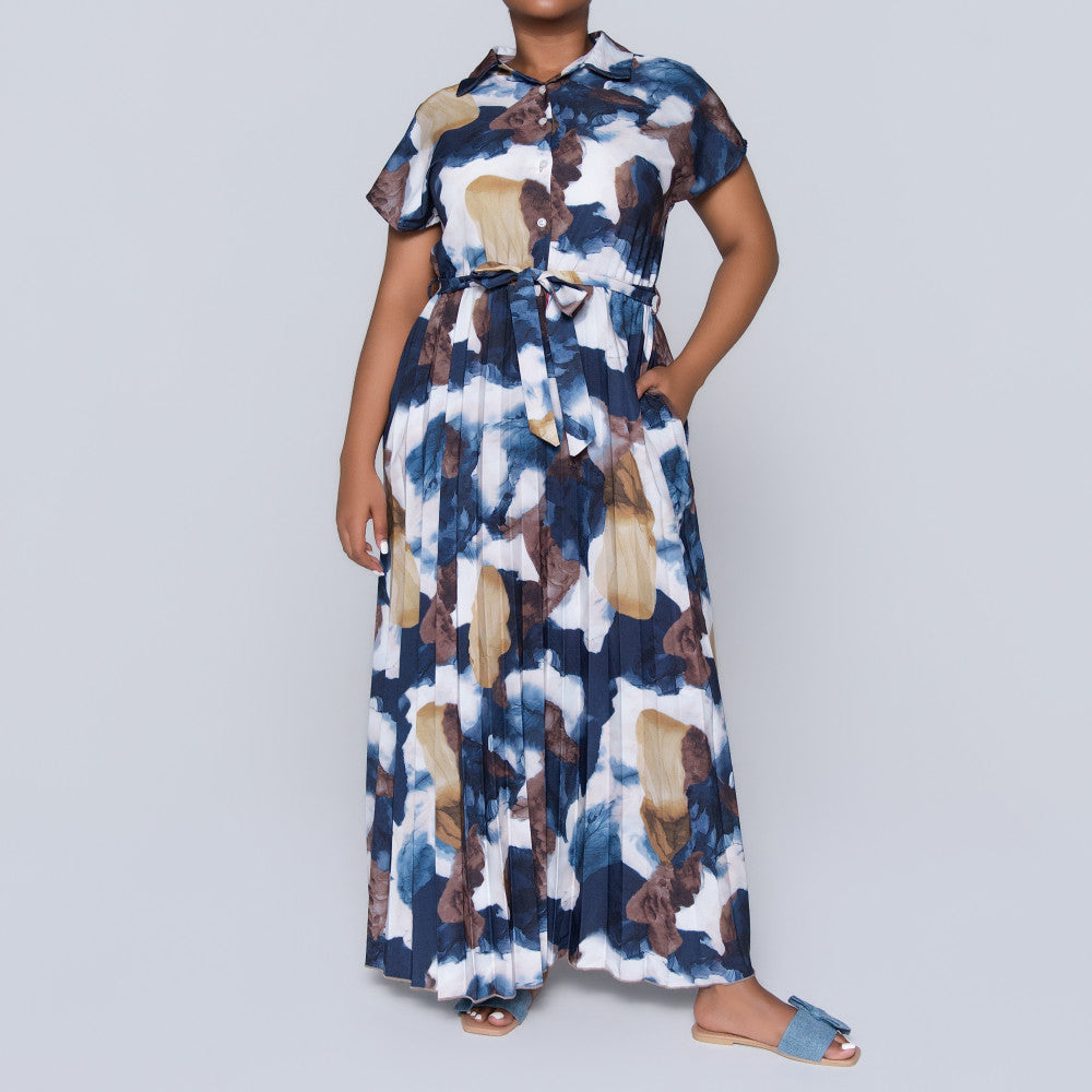 Pleated Tie-Belt Dress