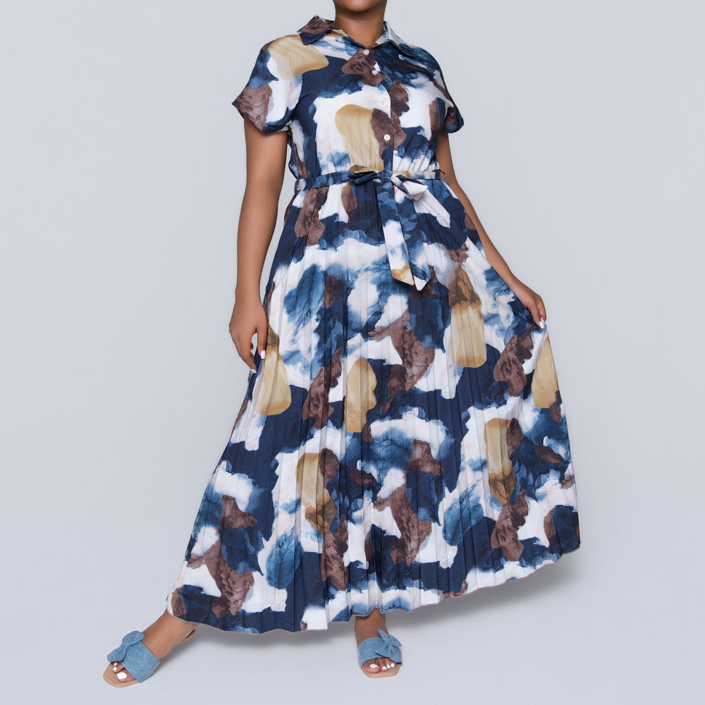 Pleated Tie-Belt Dress