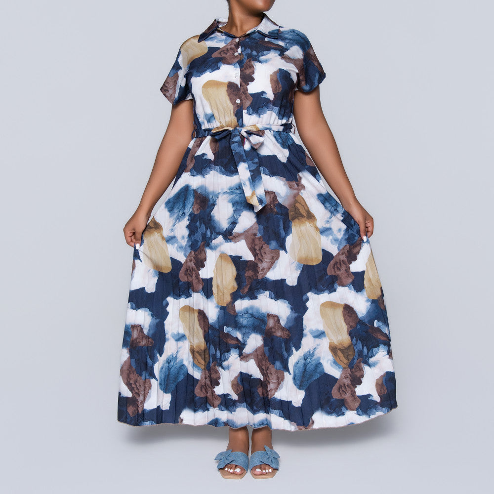 Pleated Tie-Belt Dress