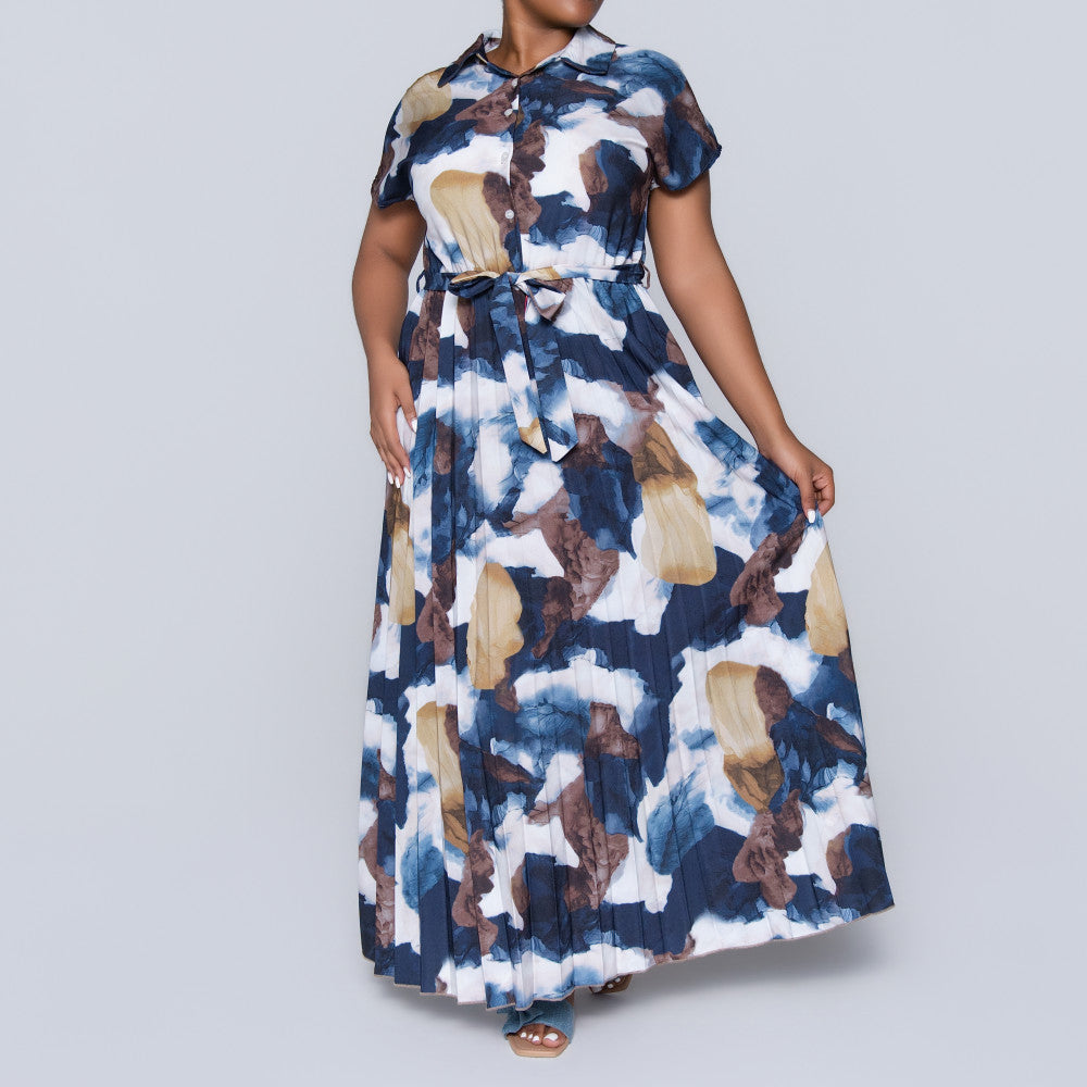 Pleated Tie-Belt Dress