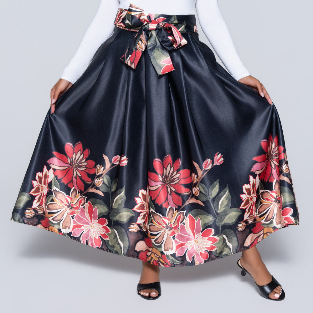 Black Printed Satin Skirt