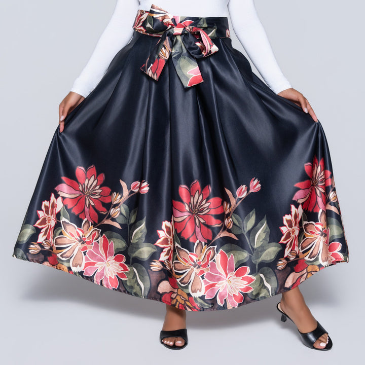 Black Printed Satin Skirt