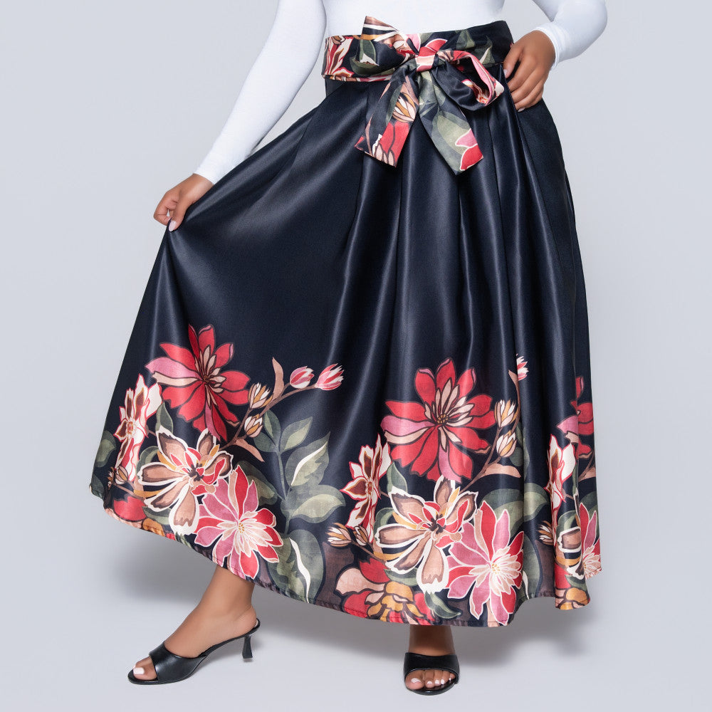 Black Printed Satin Skirt