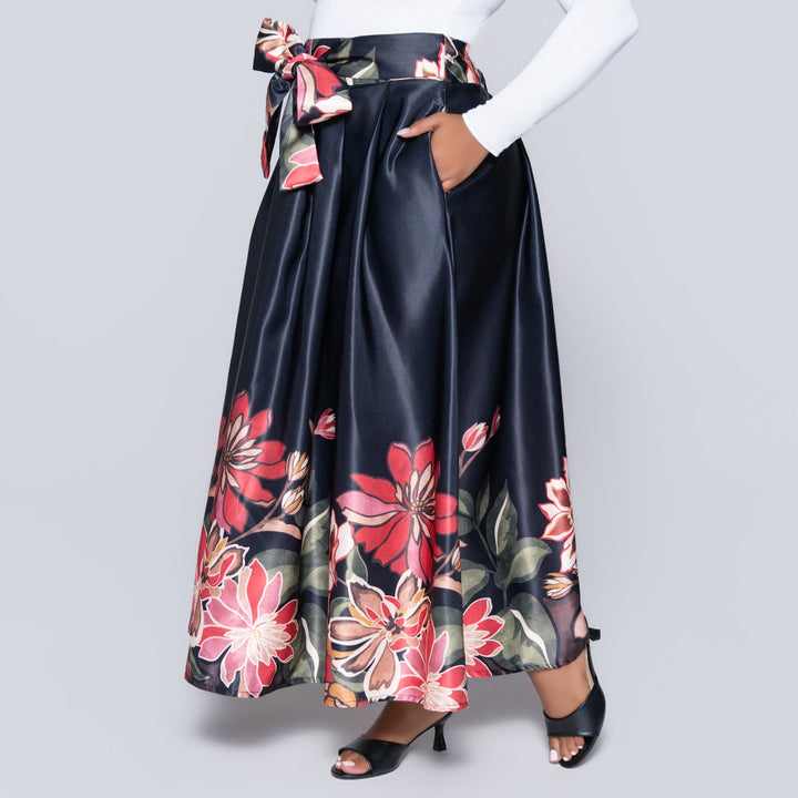 Black Printed Satin Skirt