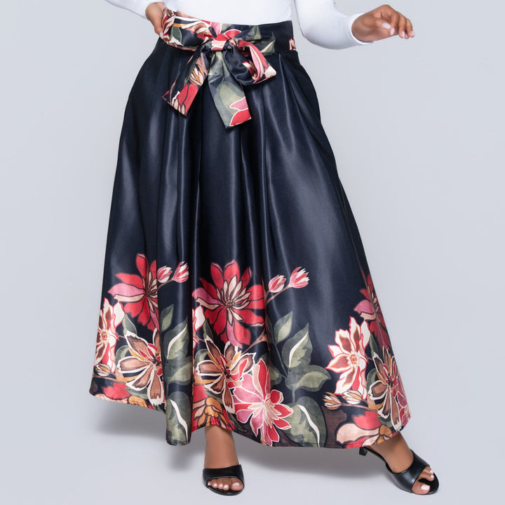 Black Printed Satin Skirt