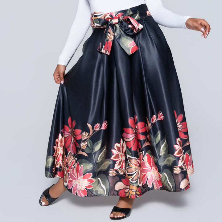 Black Printed Satin Skirt