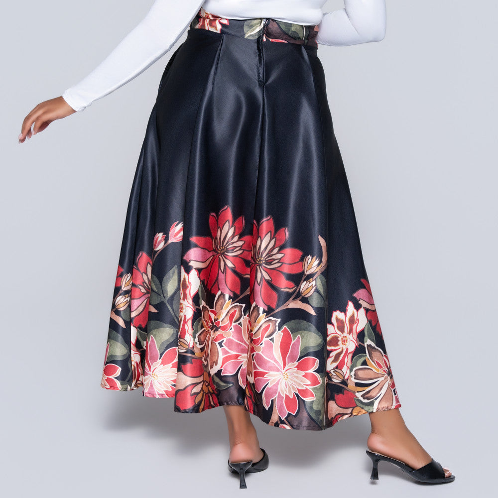 Black Printed Satin Skirt