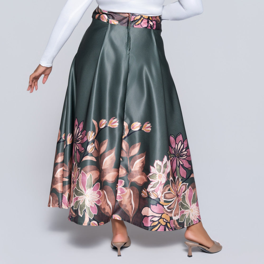 Green Printed Satin Skirt