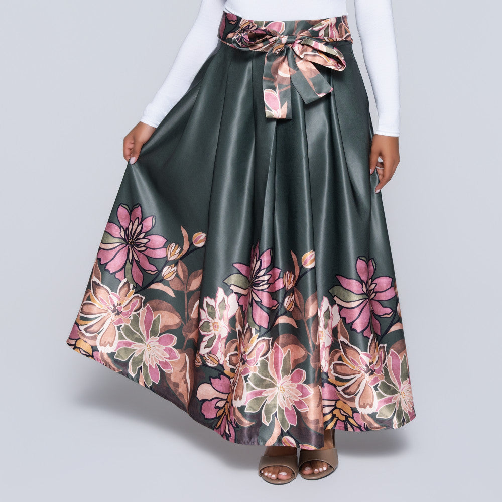 Green Printed Satin Skirt