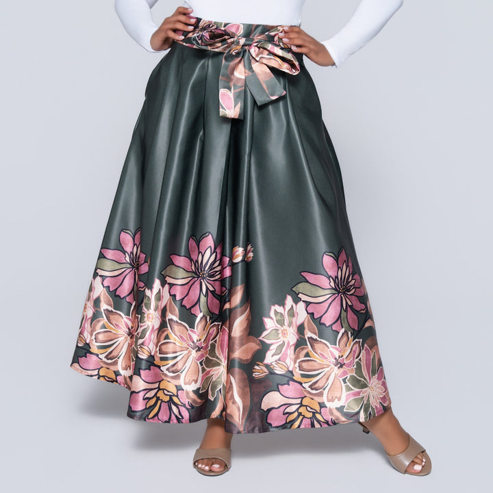 Green Printed Satin Skirt